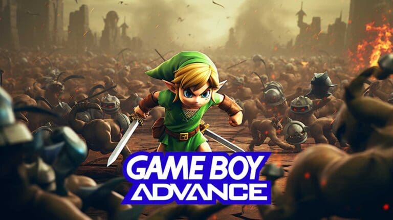 Game Boy Advance logo over Link from Legend of Zelda