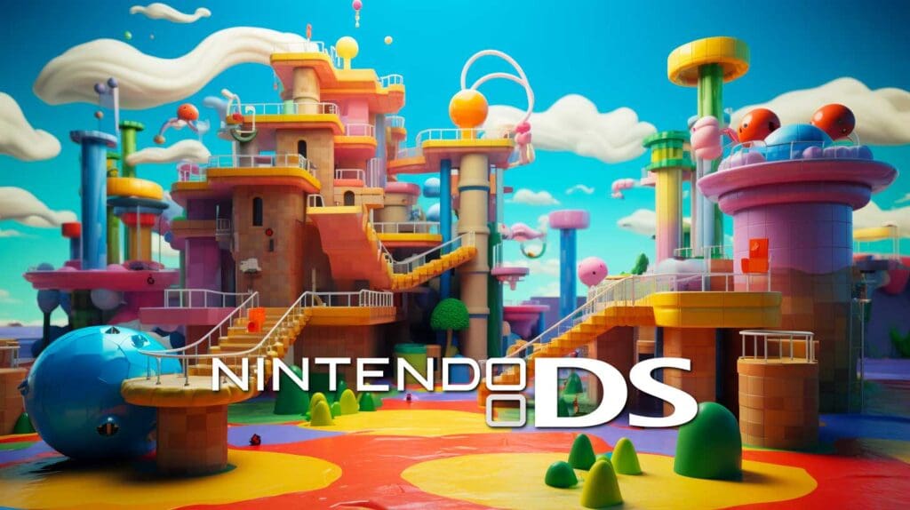 Nintendo DS logo over imagined Mario level