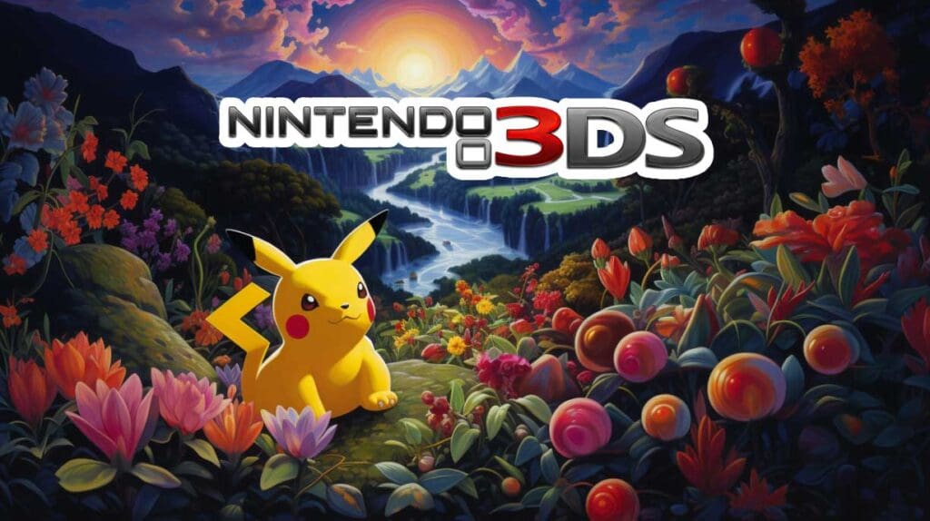 Nintendo 3DS logo over Pikachu Pokemon