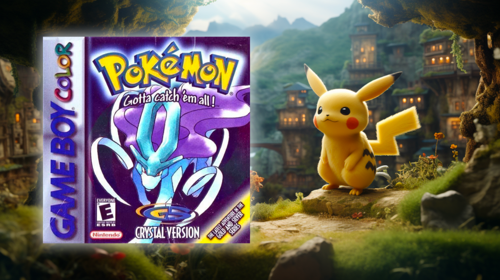 Pokemon Crystal Version cover over a scene with Pikachu