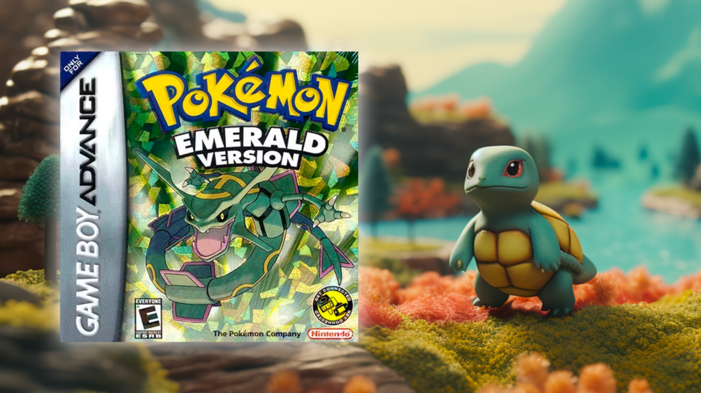 Pokemon Emerald Version cover over a scene with Squirtle
