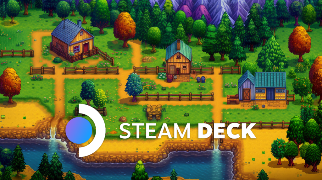 Steam Deck logo over a simulated Stardew background