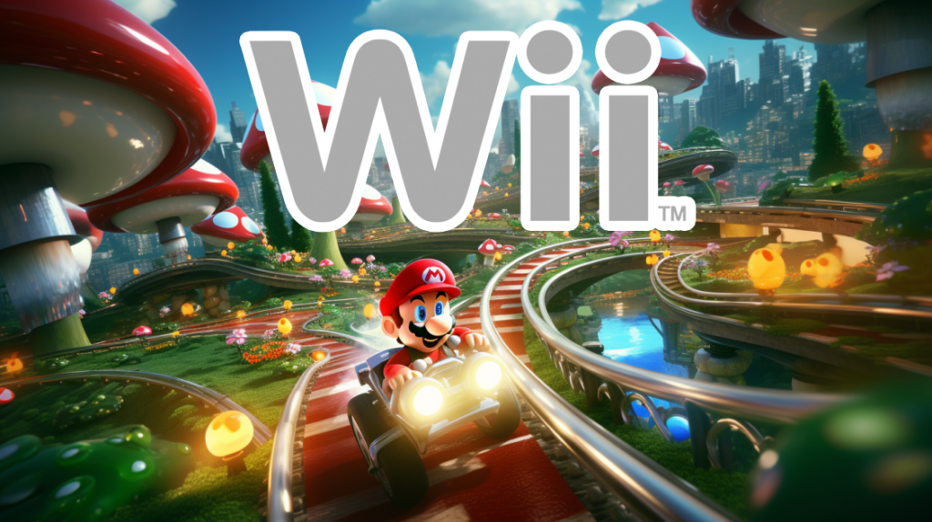 Wii logo over artist depiction of Mario Kart race