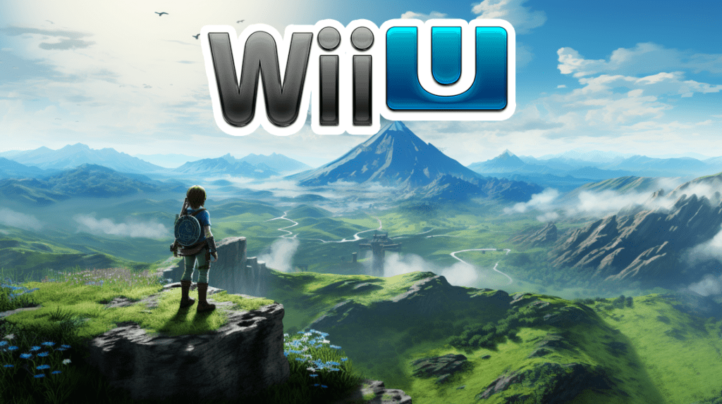 Wii U logo over artist depiction of a Breath of the Wild scene
