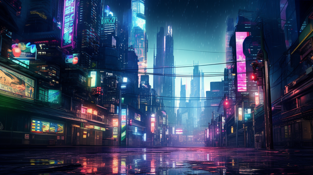 A dystopian cyberpunk city, lit by neon