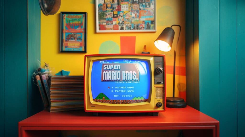 Artistic depiction of a 1980s bedroom with Super Mario Bros. on the screen of a small tv