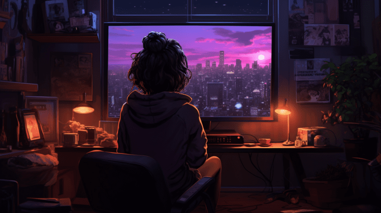 A woman playing video games in a cozy room