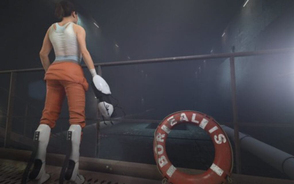 Chell from Half-Life on a ship, next to a Borealis life preserver