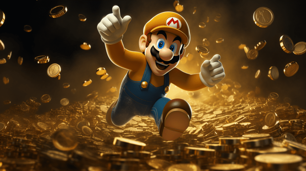 Mario jumping across a pile of gold coins