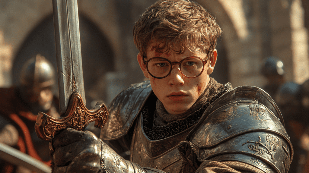 modern kid in medieval armor