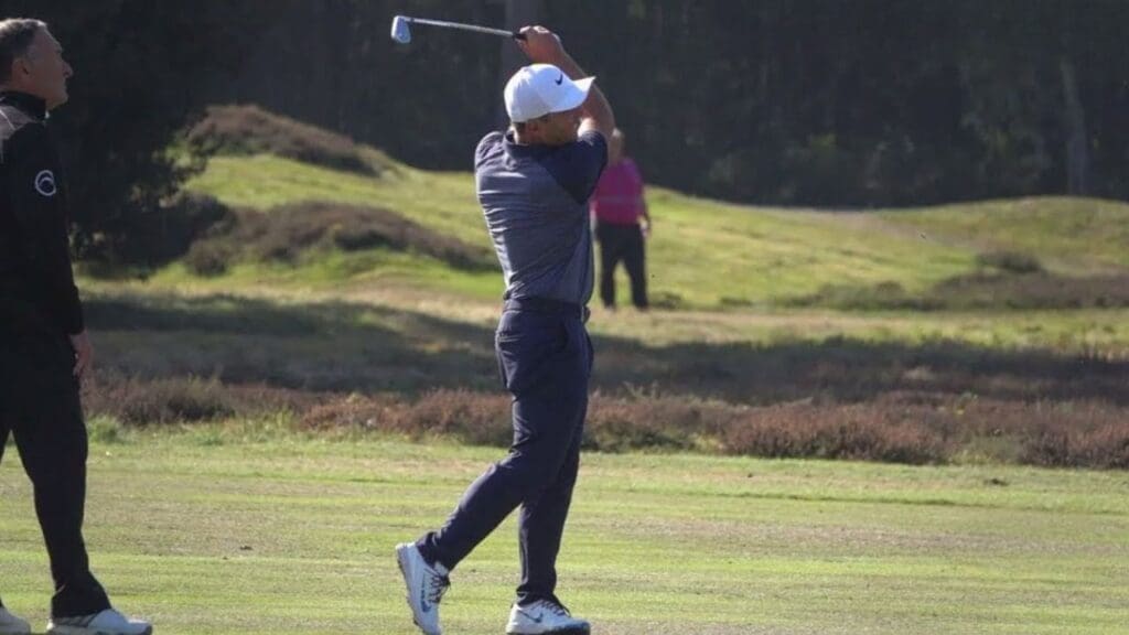 Francesco Molinari golf swing mid-Iron (face-on view), Sky Sports British Masters, October 2018