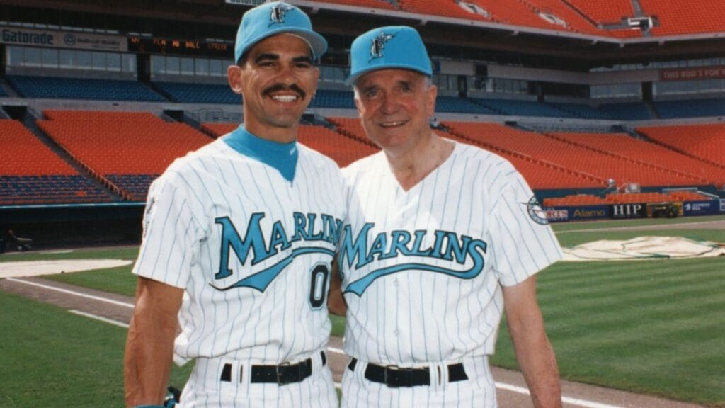 Governor Chiles, right, with Florida Marlins catcher Benito Santiago at Joe Robbie Stadium