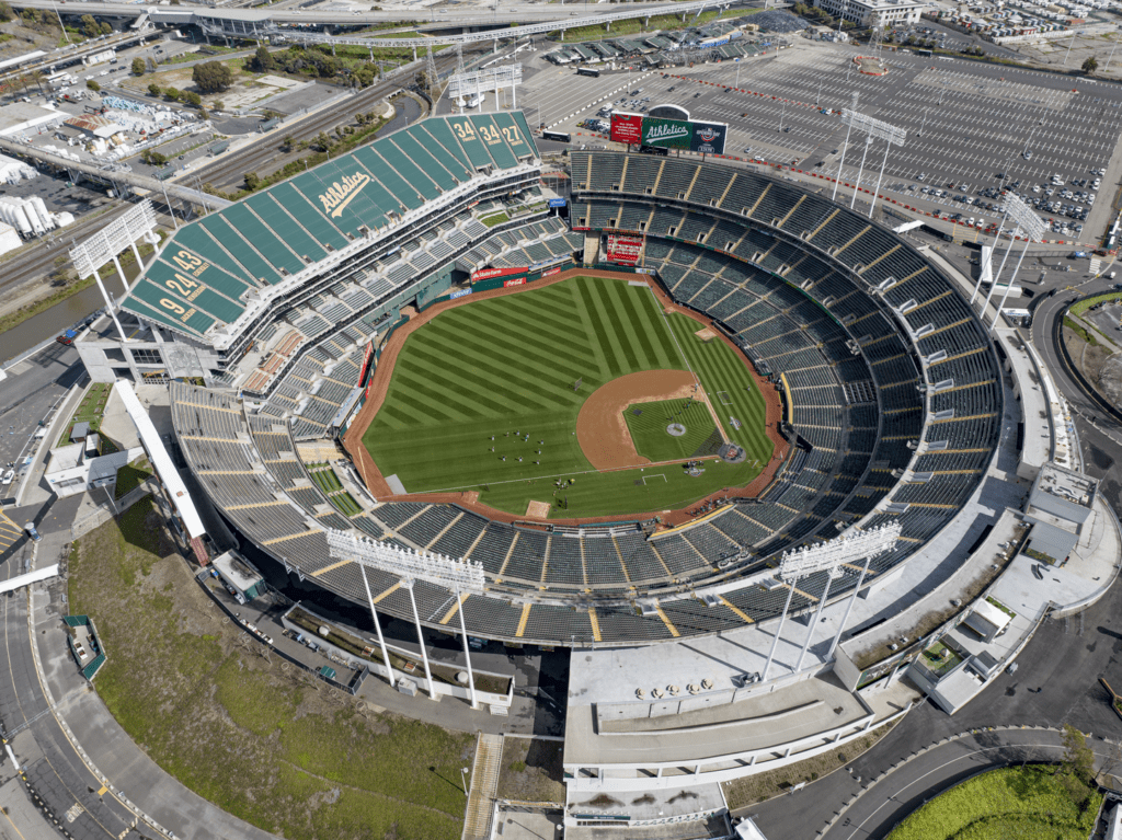 Oakland Coliseum from above before the Athletics 2024 Opening Day game