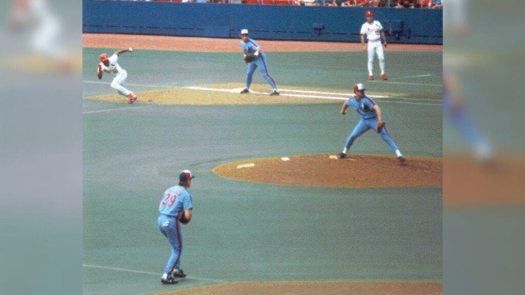 The Expos, wearing their powder blue road uniforms, face the St. Louis Cardinals in 1991