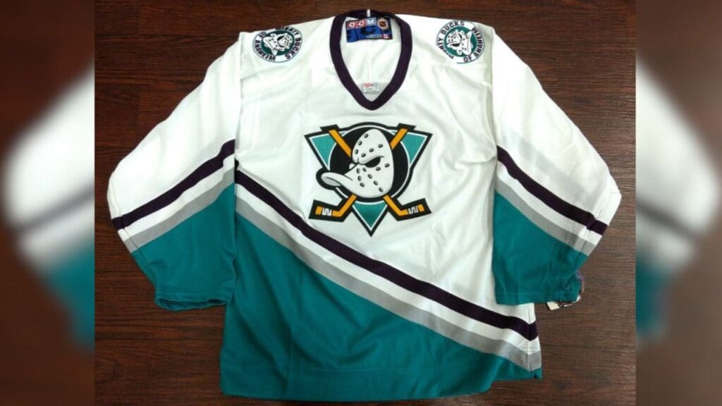 The original Mighty Ducks of Anaheim white jersey from 1993 to 2006