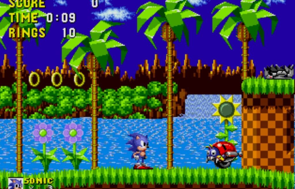A screenshot of Sonic the Hedgehog, taken from its first level, Green Hill Zone