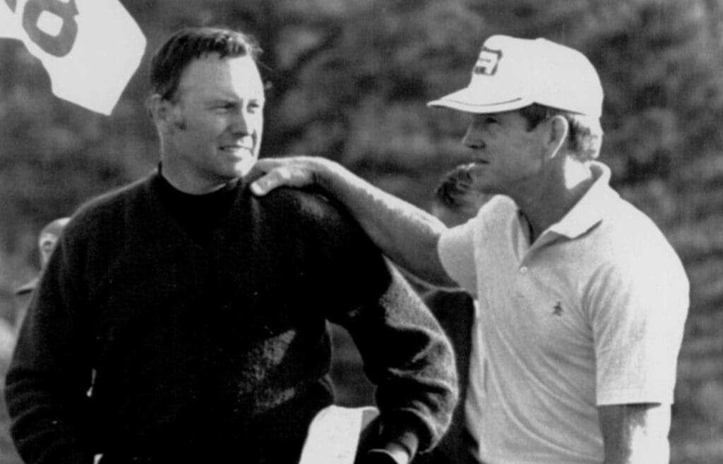 Gene Littler (right) congratulates Billy Casper with winning the 1970 Masters Tournament