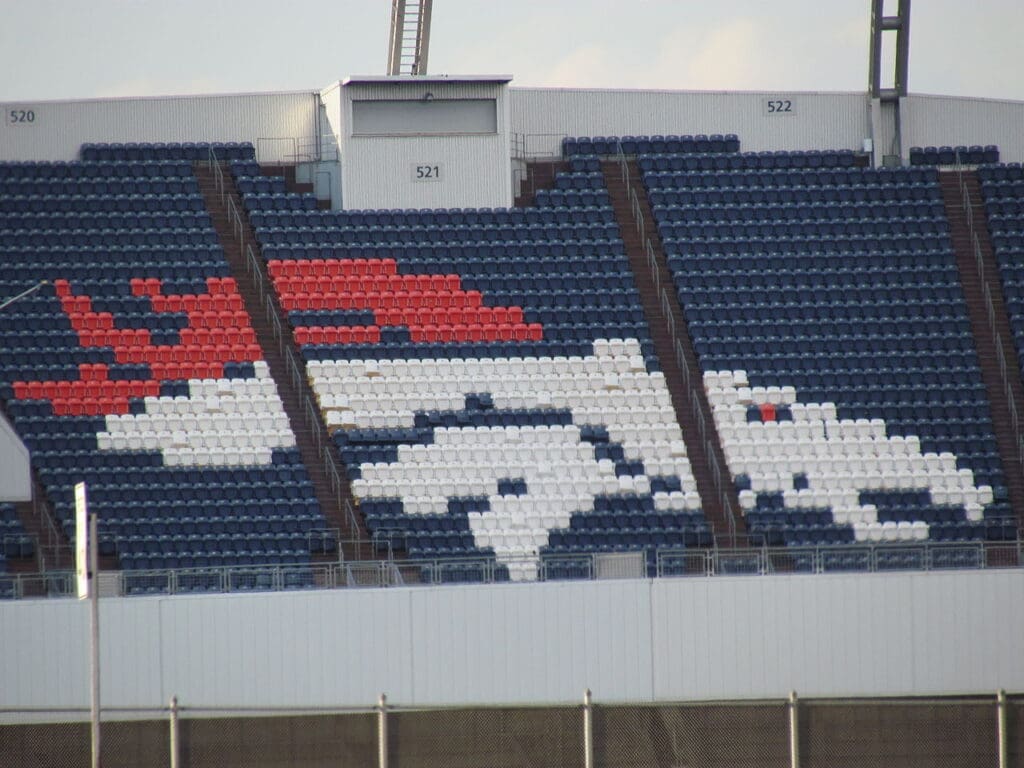 Empower Field,Detailed view of seats colored to form the Denver Broncos logo.