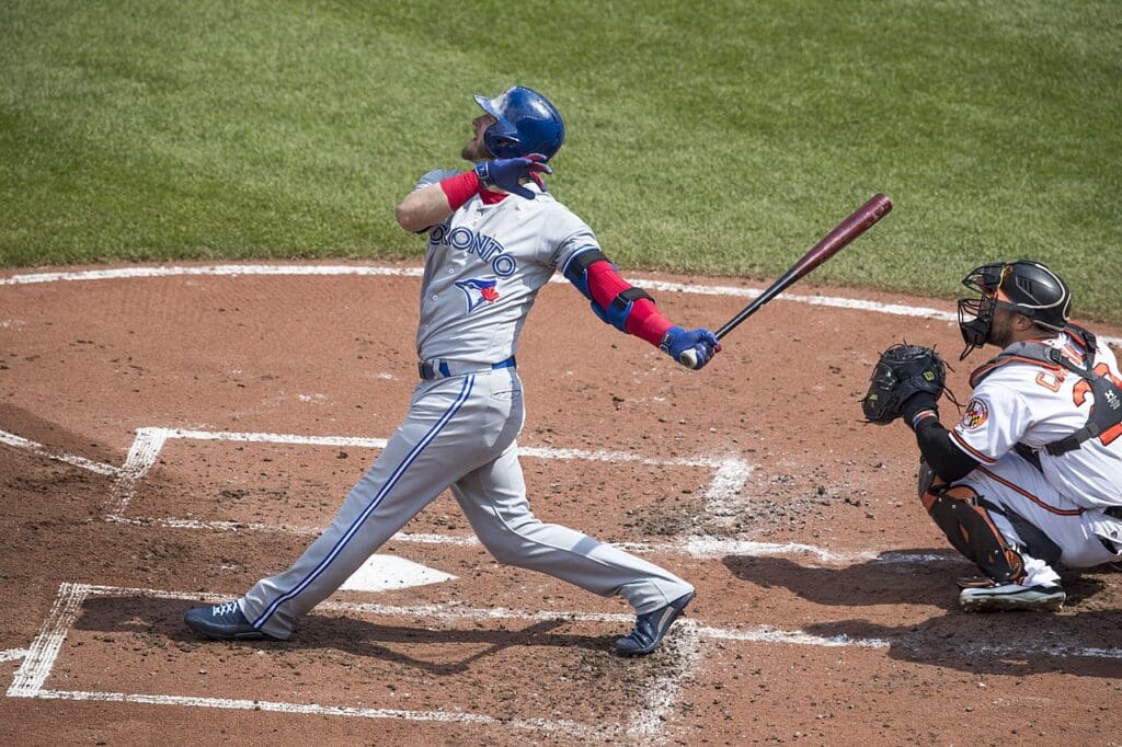 Josh Donaldson batting for the Toronto Blue Jays, hits a three-run home run during a game against the Baltimore Orioles at Oriole Park at Camden Yards on September 3, 2017.