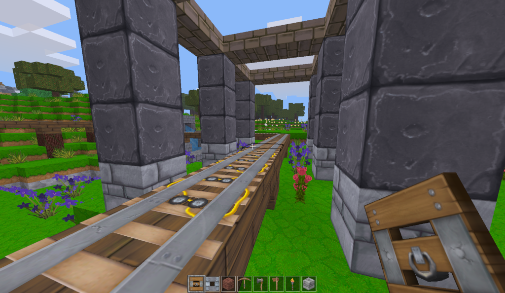 Screenshot of a player constructing minecart rails in a sandbox game in the free engine Luanti