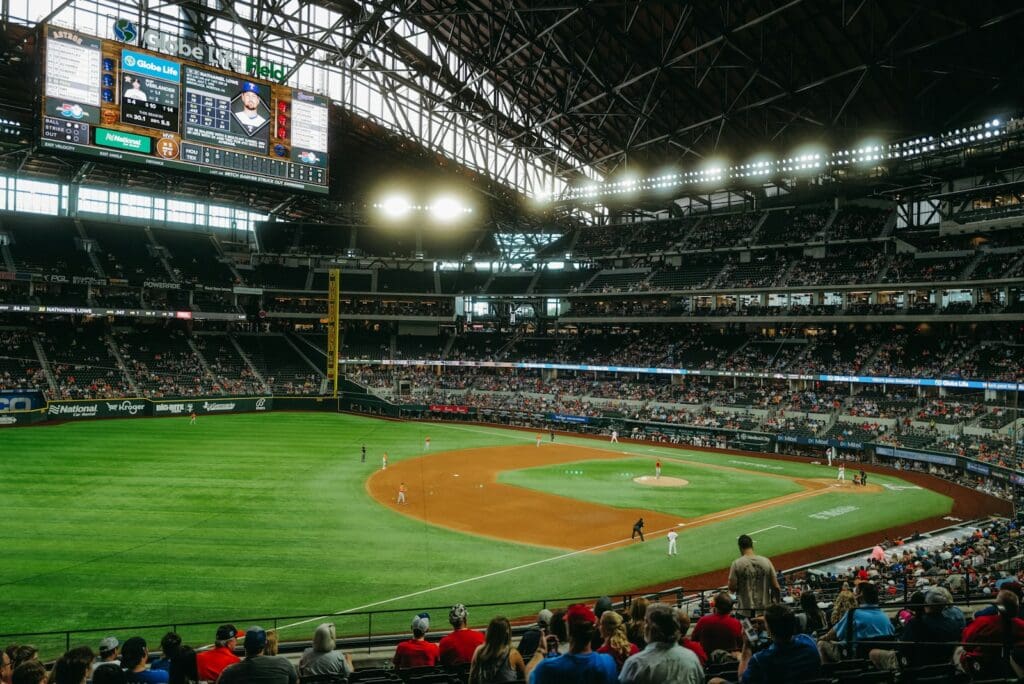 a baseball stadium with a full crowd,Texas Rangers