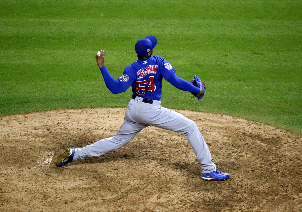 Cubs reliever Aroldis Chapman delivers a pitch in the eighth inning.