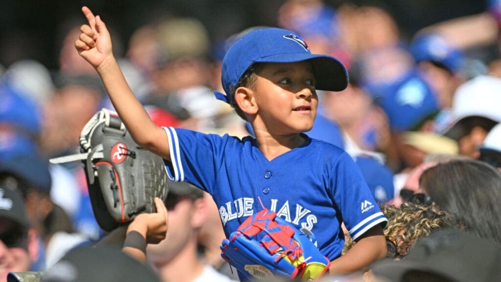 Sep 15, 2024; Toronto, Ontario, CAN; A Toronto Blue Jays fan celebrates after the Jays defeated the St. Louis Cardinals at Rogers Centre