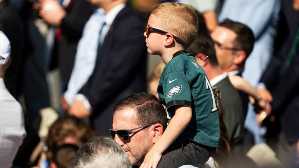 Apr 28, 2025; Washington, D.C., USA; A young Philadelphia Eagles fan watches as his team celebrates their Super Bowl victory at the White House Monday, April 28, 2025.