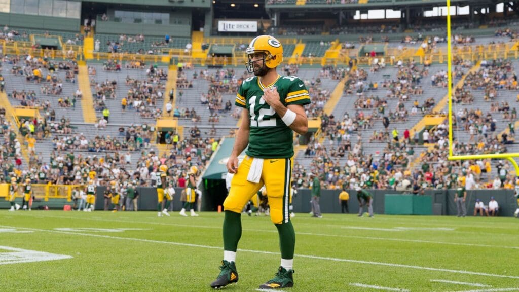 Aug 16, 2018; Green Bay, WI, USA; Green Bay Packers quarterback Aaron Rodgers (12) during warmups prior to the game against the Pittsburgh Steelers at Lambeau Field.