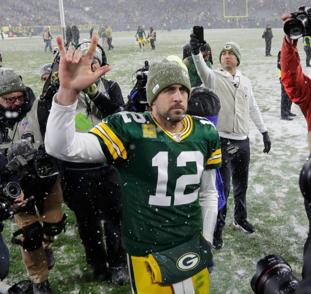 Green Bay Packers quarterback Aaron Rodgers (12)] celebrates during the Green Bay Packers 24-16 win over the Carolina Panthers in Green Bay, Wisconsin, Sunday, November 10, 2019. RICK WOOD/MILWAUKEE JOURNAL SENTINEL