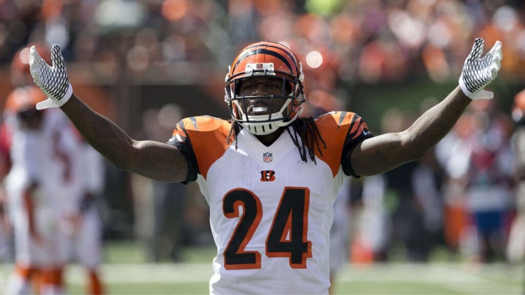 Sep 14, 2014; Cincinnati, OH, USA; Cincinnati Bengals cornerback Adam Jones (24) gets the crowd pumped up in the first quarter against the Atlanta Falcons at Paul Brown Stadium.