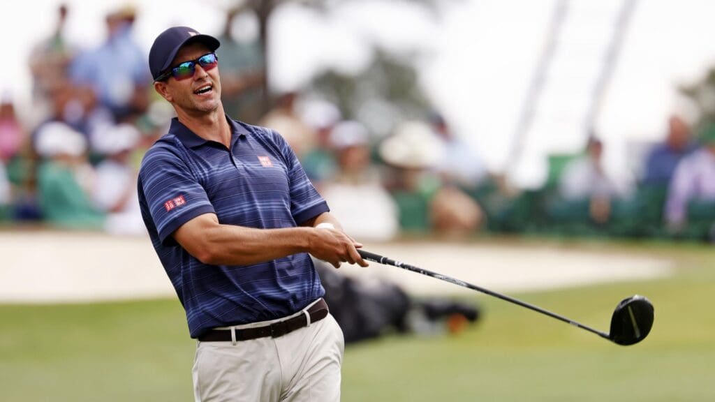Apr 10, 2025; Augusta, Georgia, USA; Adam Scott tees off on no. 5 during the first round of the Masters Tournament.