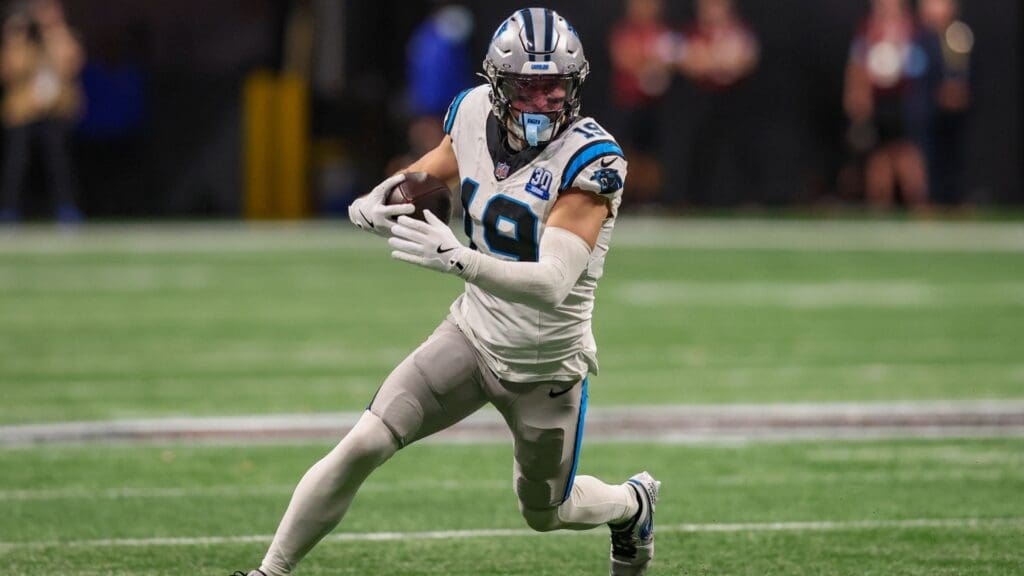 Jan 5, 2025; Atlanta, Georgia, USA; Carolina Panthers wide receiver Adam Thielen (19) runs after a catch against the Atlanta Falcons in overtime at Mercedes-Benz Stadium.