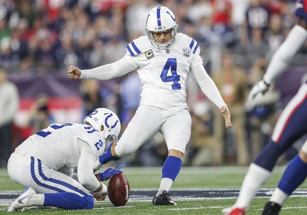 Indianapolis Colts kicker Adam Vinatieri (4) kicks a 54-yard field goal in the second quarter at Gillette Stadium in Foxborough, Mass., Thursday, Oct. 4, 2018.
Indianapolis Colts Versus New England Patriots At Gillette Stadium In Foxborough Mass Thursday Oct 4 2018
Syndication Indianapolis