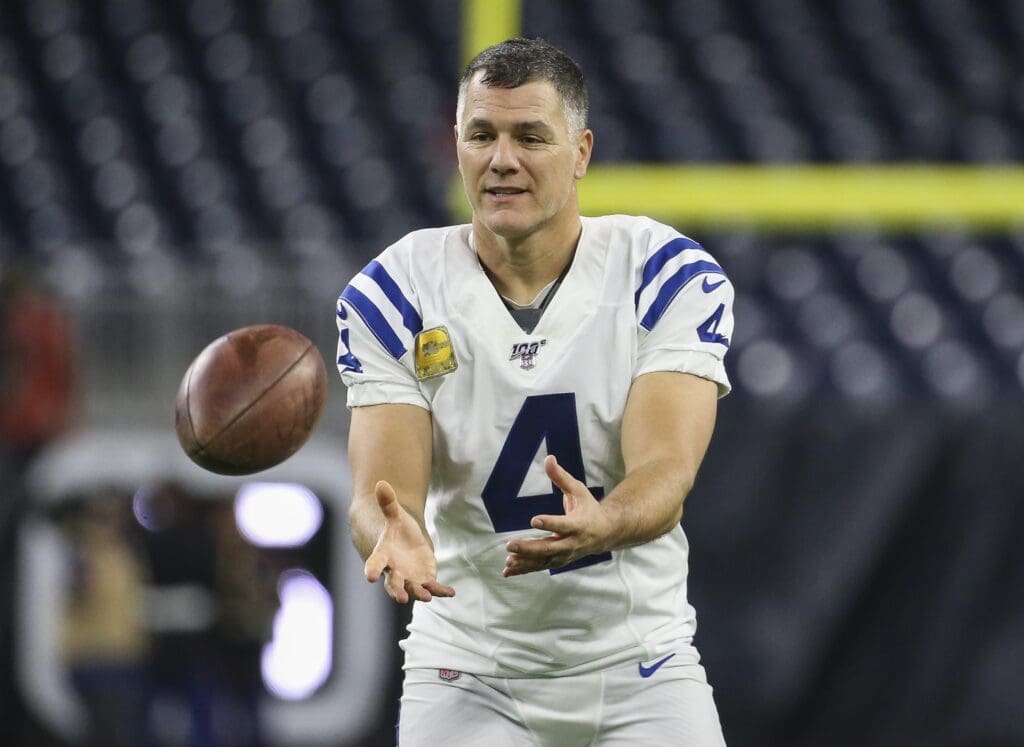 Nov 21, 2019; Houston, TX, USA; Indianapolis Colts kicker Adam Vinatieri (4) catches the ball prior to the game against the Houston Texans at NRG Stadium.