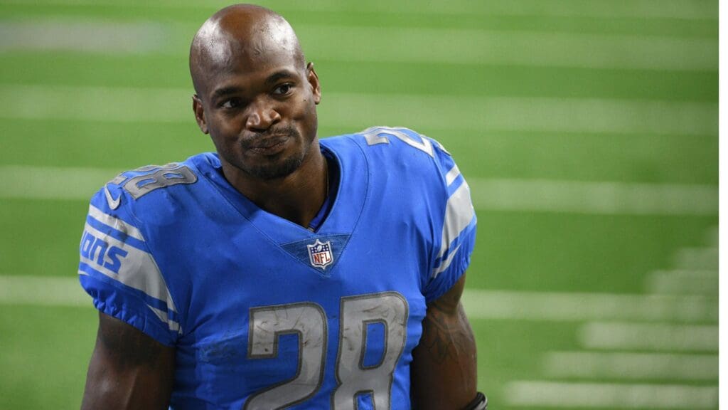Oct 4, 2020; Detroit, Michigan, USA; Detroit Lions running back Adrian Peterson (28) after the game against the New Orleans Saints at Ford Field.