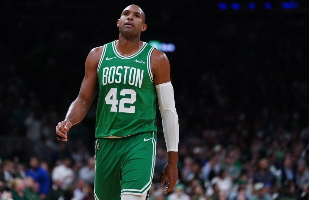 May 7, 2025; Boston, Massachusetts, USA; Boston Celtics center Al Horford (42) returns up court against the New York Knicks in the fourth quarter during game two of the second round for the 2025 NBA Playoffs at TD Garden.