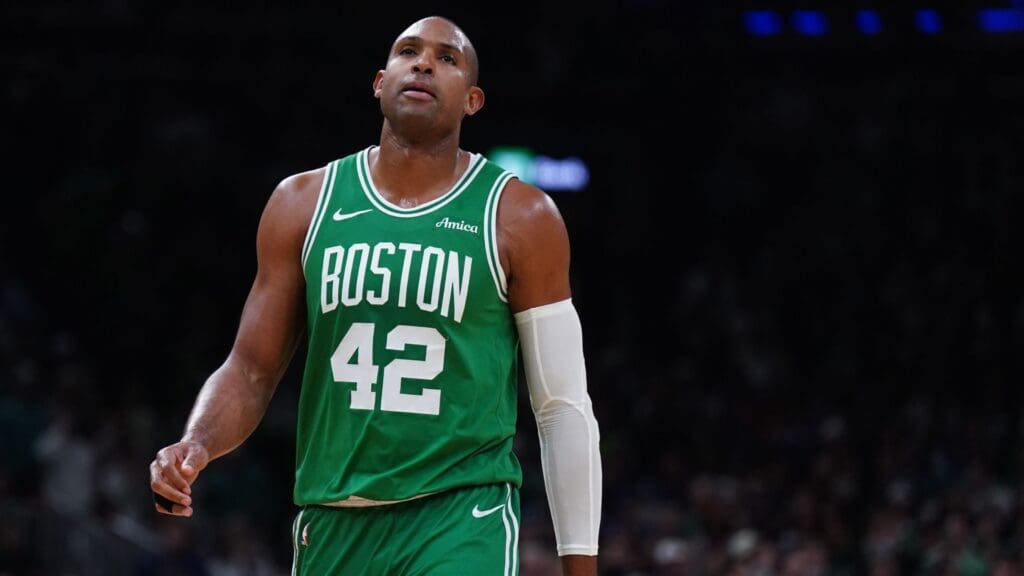 May 7, 2025; Boston, Massachusetts, USA; Boston Celtics center Al Horford (42) returns up court against the New York Knicks in the fourth quarter during game two of the second round for the 2025 NBA Playoffs at TD Garden. Mandatory Credit: David Butler II-Imagn Images