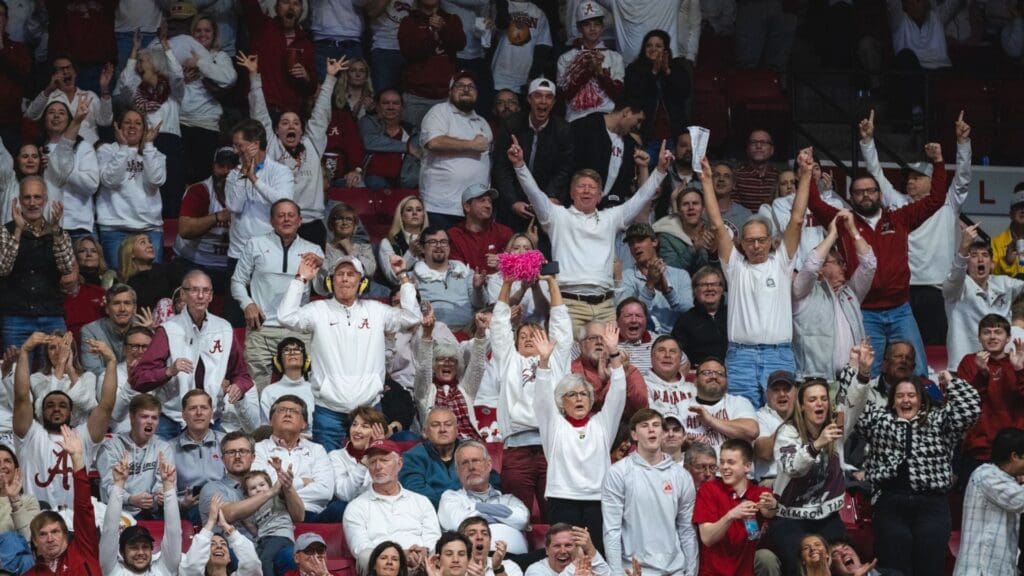 Feb 22, 2025; Tuscaloosa, Alabama, USA; Alabama Crimson Tide fans react to a positive play against the Kentucky Wildcats during the second half at Coleman Coliseum.