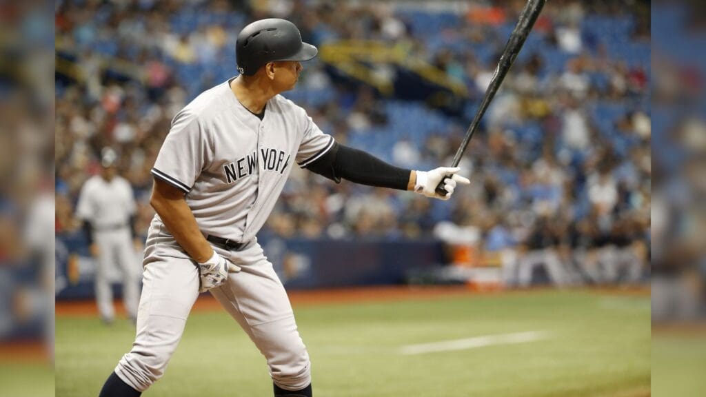 Jul 31, 2016; St. Petersburg, FL, USA; New York Yankees designated hitter Alex Rodriguez (13) at bat against the Tampa Bay Rays at Tropicana Field. Tampa Bay Rays defeated the New York Yankees 5-3.