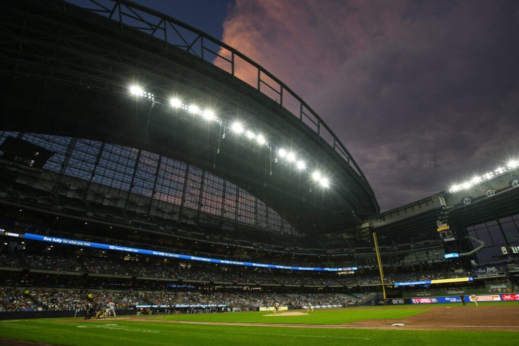 Aug 27, 2024; Milwaukee, Wisconsin, USA; General view of American Family Field during the second inning of the game between the San Francisco Giants and Milwaukee Brewers.