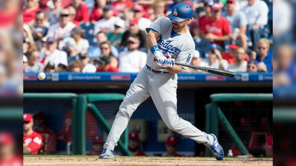 Sep 21, 2017; Philadelphia, PA, USA; Los Angeles Dodgers right fielder Andre Ethier (16) hits a home run during the seventh inning against the Philadelphia Phillies at Citizens Bank Park.
