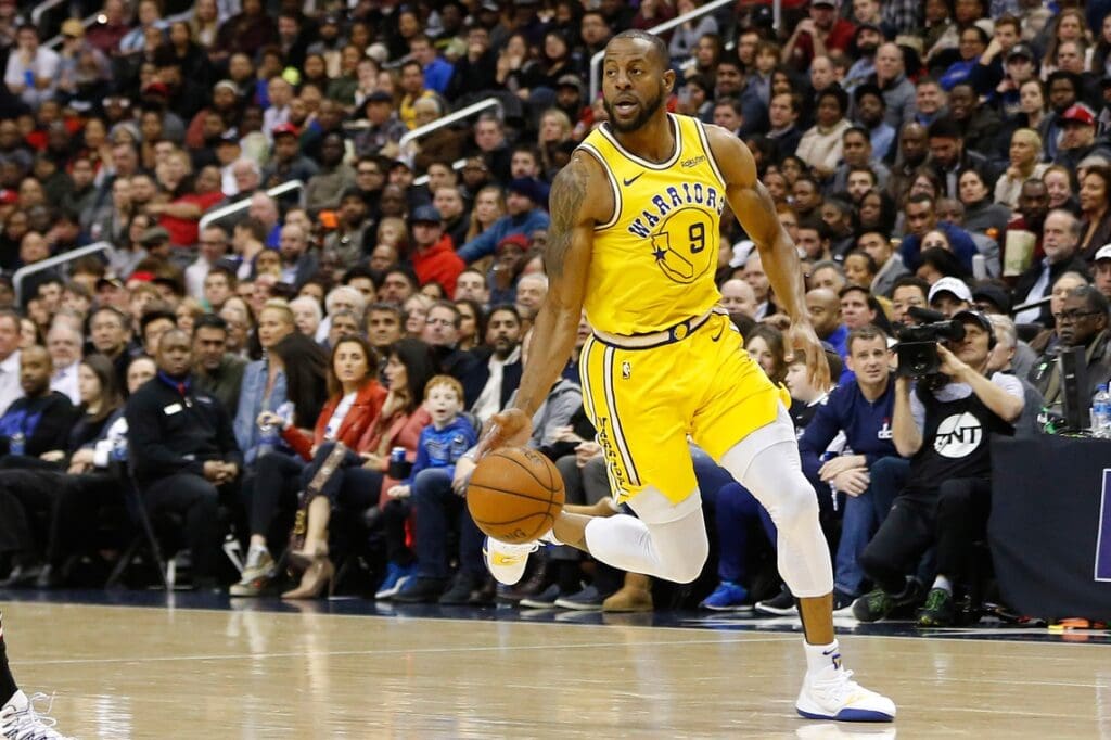Jan 24, 2019; Washington, DC, USA; Golden State Warriors guard Andre Iguodala (9) dribbles the ball against the Washington Wizards at Capital One Arena.