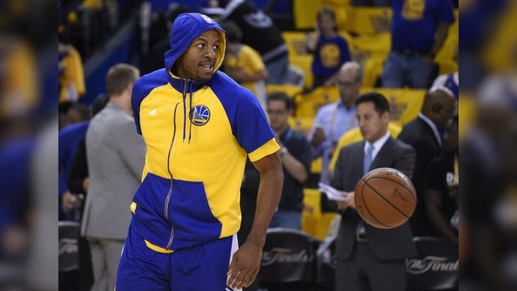 Jun 4, 2015; Oakland, CA, USA; Golden State Warriors guard Andre Iguodala (9) warms up before game one of the NBA Finals against the Cleveland Cavaliers at Oracle Arena.