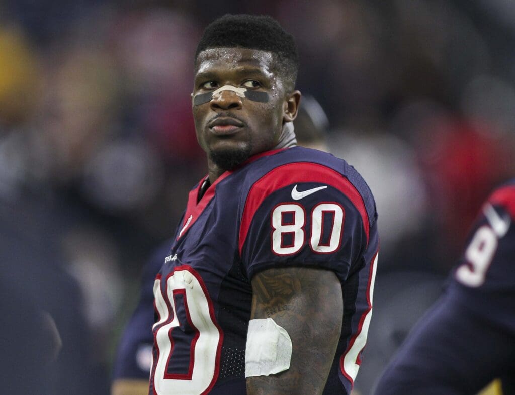 Dec 28, 2014; Houston, TX, USA; Houston Texans wide receiver Andre Johnson (80) on the sideline during the fourth quarter against the Jacksonville Jaguars at NRG Stadium. The Texans defeated the Jaguars 23-17.