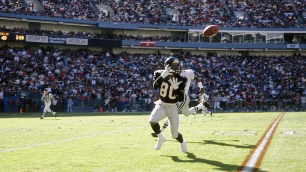 Nov 18, 1990; Atlanta, GA, USA; FILE PHOTO; Atlanta Falcons receiver Andre Rison (80) waits on the ball during the game against the Philadelphia Eagles at Fulton County Stadium.