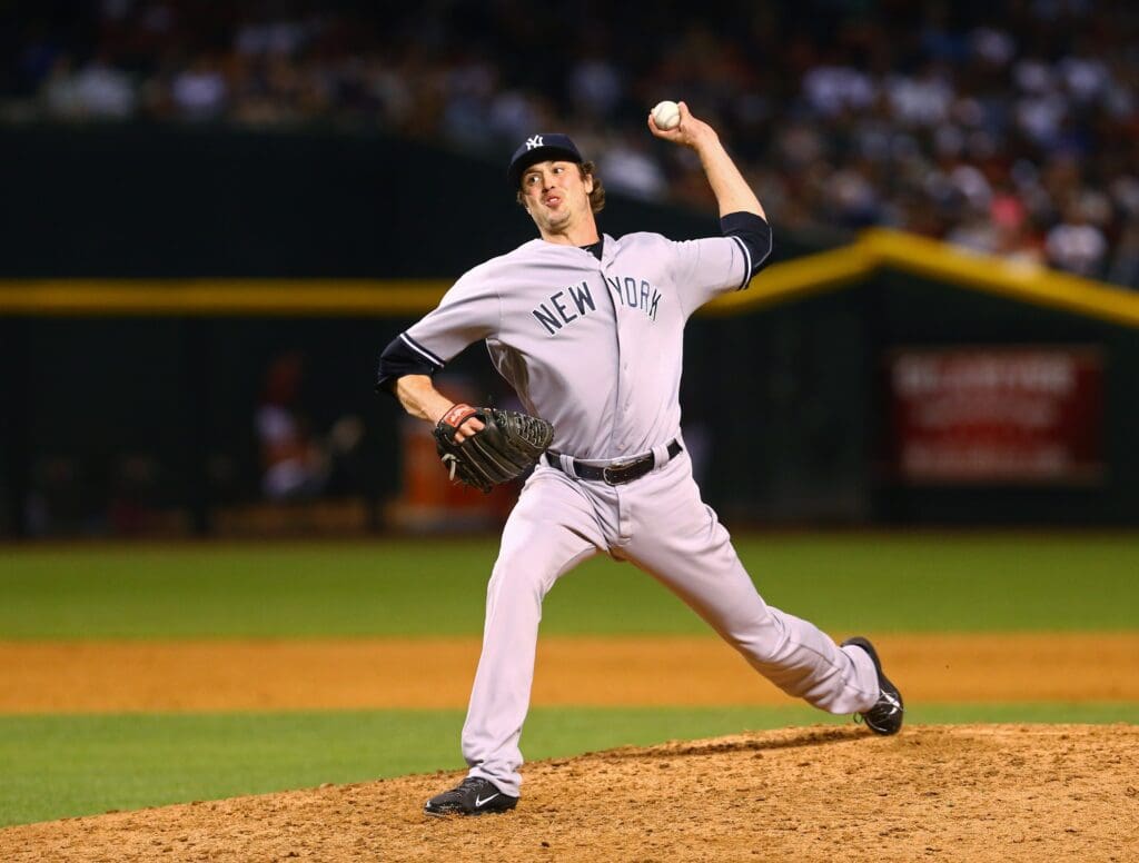 May 18, 2016; Phoenix, AZ, USA; New York Yankees pitcher Andrew Miller against the Arizona Diamondbacks at Chase Field. Mandatory Credit: Mark J. Rebilas-USA TODAY Sports