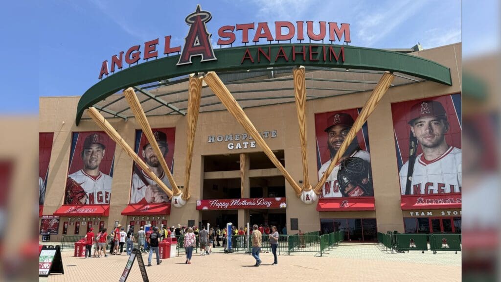May 11, 2025; Anaheim, California, USA; A Happy Mother's Day is projected on the message board on the Angel Stadium facade.