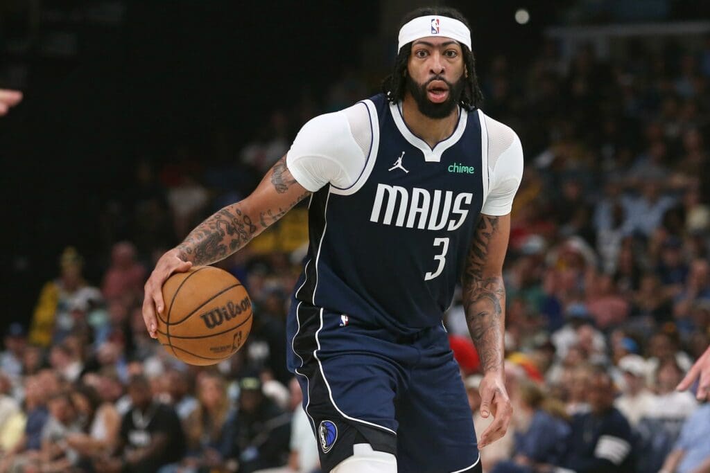 Apr 18, 2025; Memphis, Tennessee, USA; Dallas Mavericks forward Anthony Davis (3) dribbles during the second quarter against the Memphis Grizzlies at FedExForum.