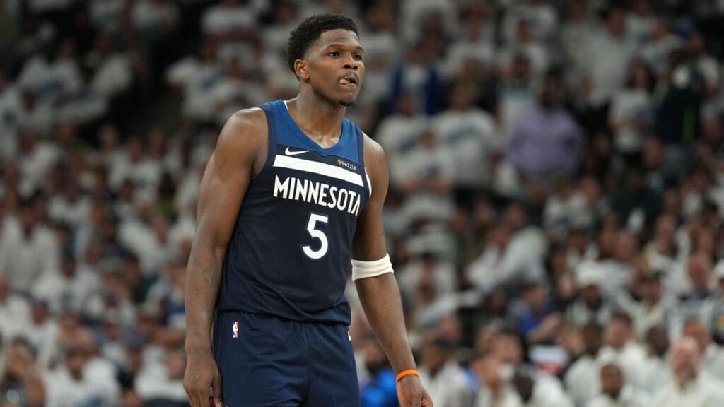 May 26, 2025; Minneapolis, Minnesota, USA;Minnesota Timberwolves guard Anthony Edwards (5) reacts against the Oklahoma City Thunder in the first half during game four of the western conference finals for the 2025 NBA Playoffs at Target Center.